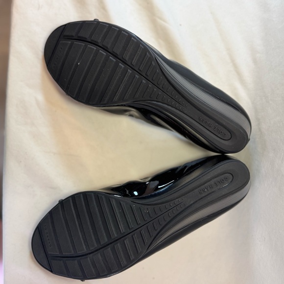 Cole Haan Black Patent Peep Toe Wedges - Picture 2 of 9